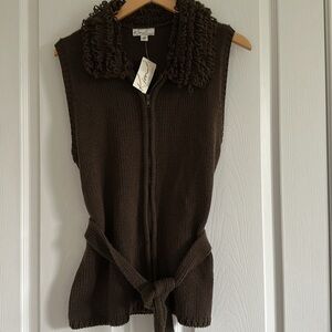 Kim Rogers Fringe Collar Vest Dark Brown Knit NWT